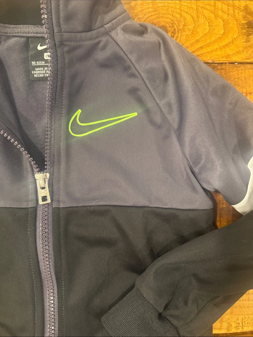 Nike Kids' Gray and Black Tracksuit with Neon Green Swoosh